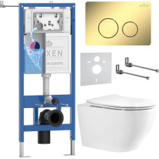 Унитаз подвесной Roxen Antares Tornado Long в комплекте с инсталляцией StounFix Dual Fresh 6 в 1 868449 (кнопка: золото глянцевая)