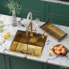 Кухонная мойка Roxen Simple 560220-50G-V золото/текстурная PVD покрытие (с коландером и дозатором)