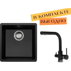 Кухонная мойка Aquasanita Fast SQF 101 + cмеситель Akvaduo 2663 L (черный металлик 601)