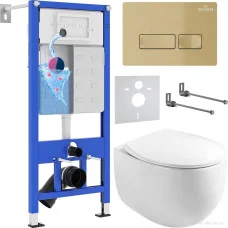Унитаз подвесной Roxen Egg в комплекте с инсталляцией StounFix Dual Fresh 6 в 1 968085 (кнопка: брашированное золото)
